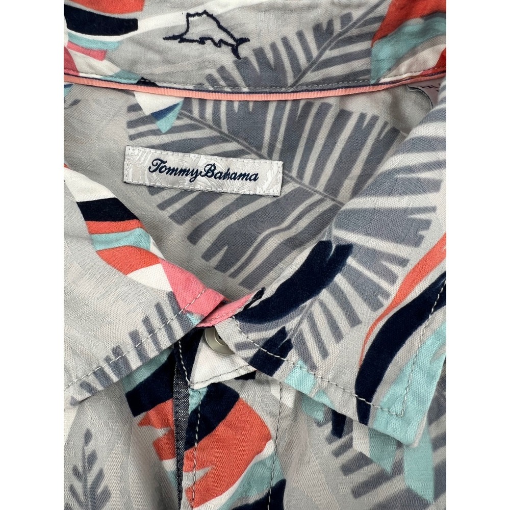 Tommy Bahama Men's Short Sleeve Shirt Tropical Leaf Print Gray Blue Coral